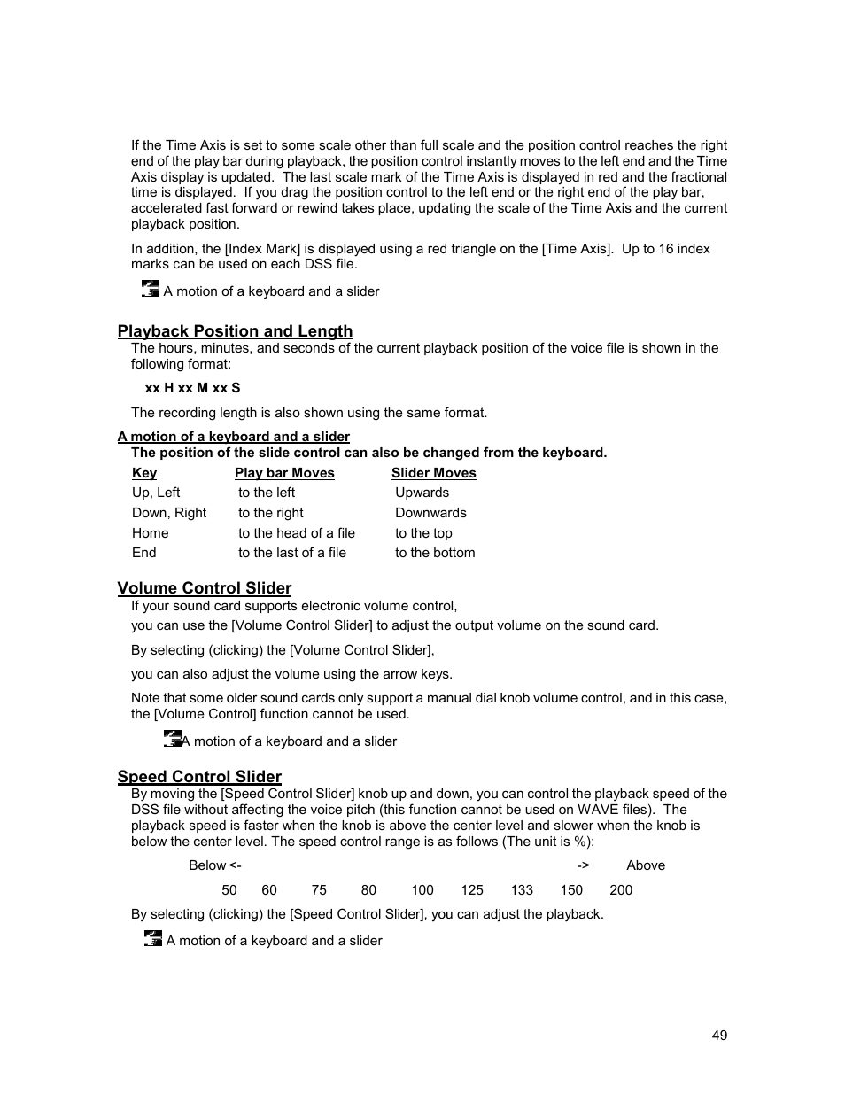 Playback position and length, Volume control slider, Speed control slider | Olympus 2000 User Manual | Page 49 / 54