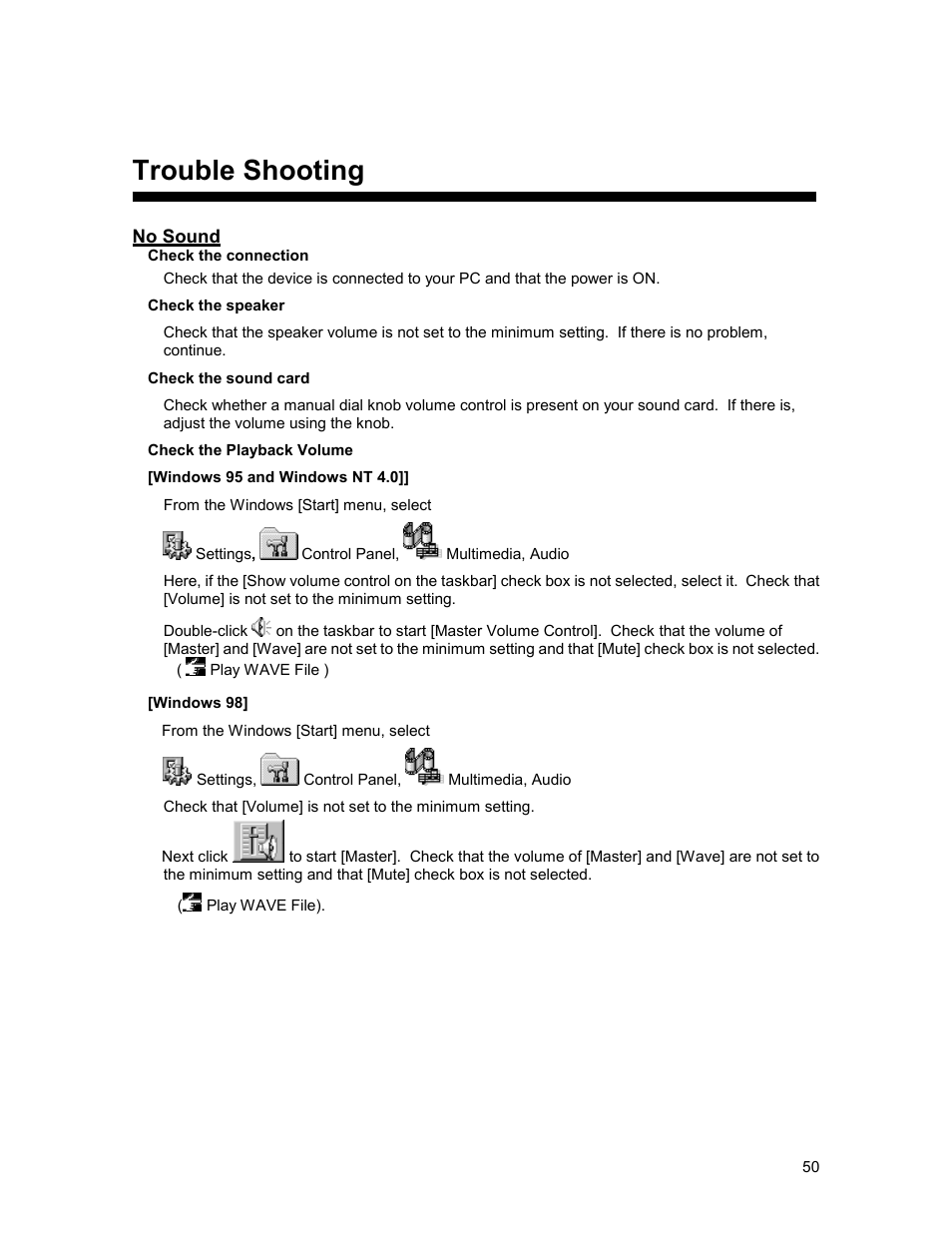 Trouble shooting, No sound | Olympus 2000 User Manual | Page 50 / 54