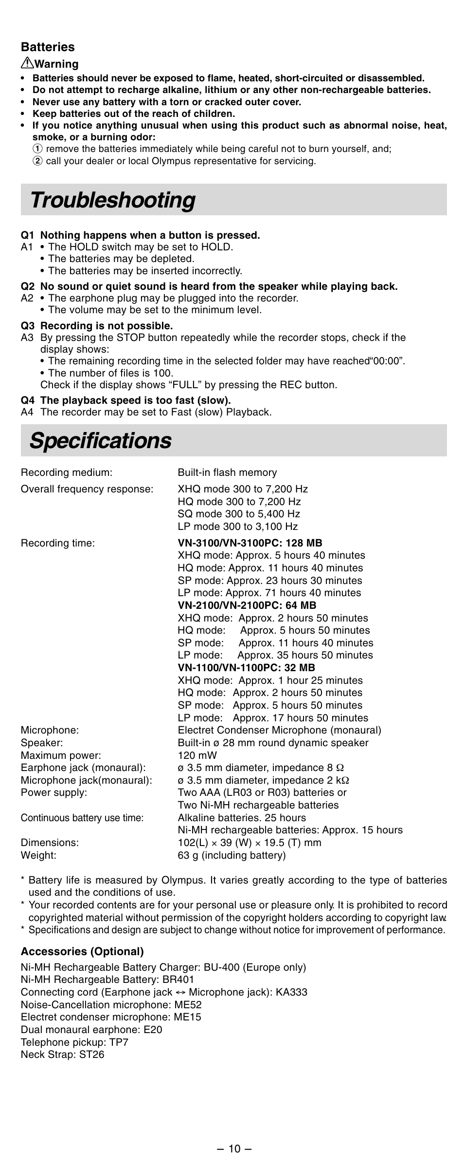 Troubleshooting, Specifications | Olympus VN-2100 User Manual | Page 10 / 10