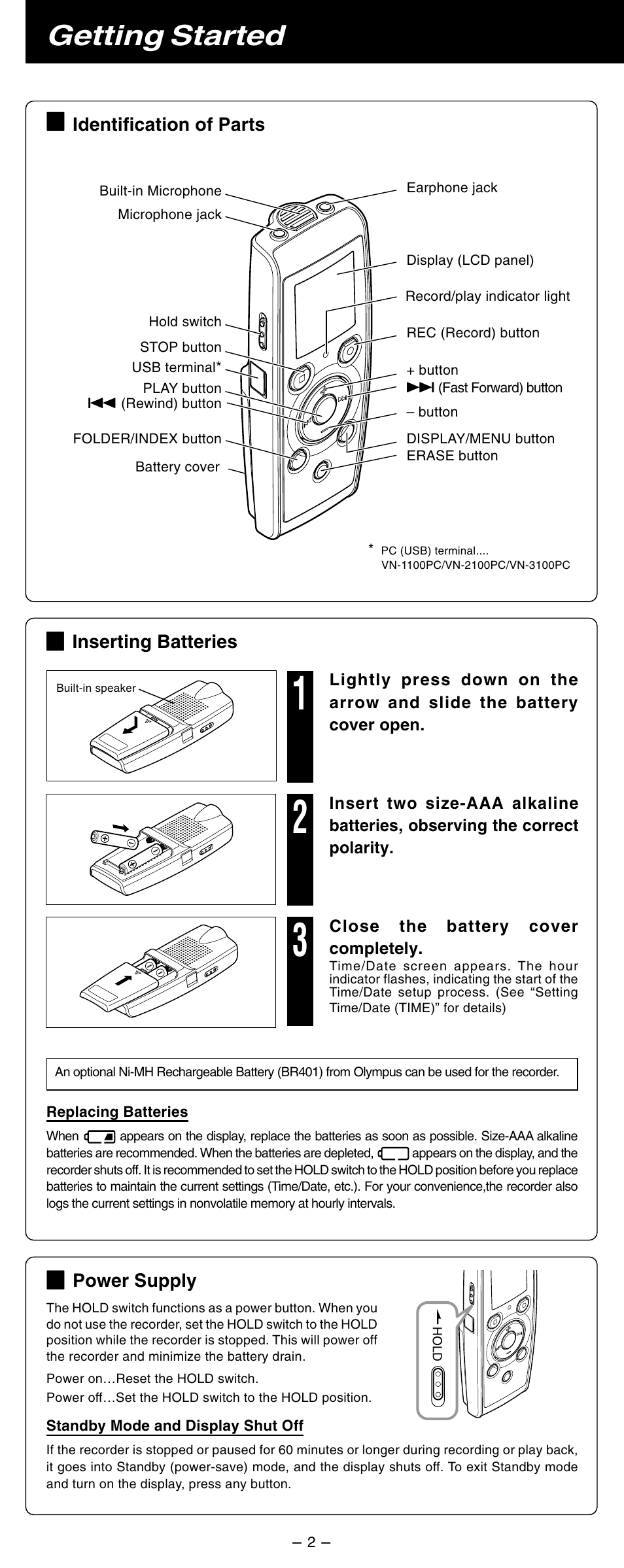 Getting started | Olympus VN-2100 User Manual | Page 2 / 10