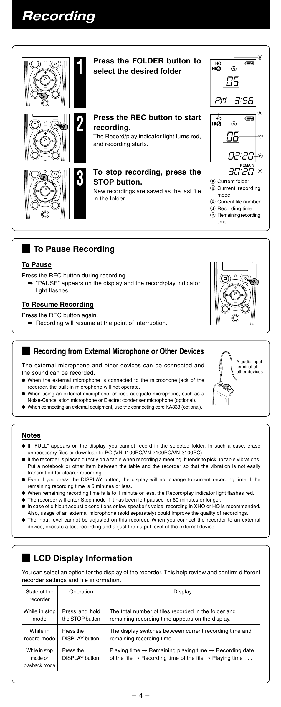 Recording, Lcd display information | Olympus VN-2100 User Manual | Page 4 / 10