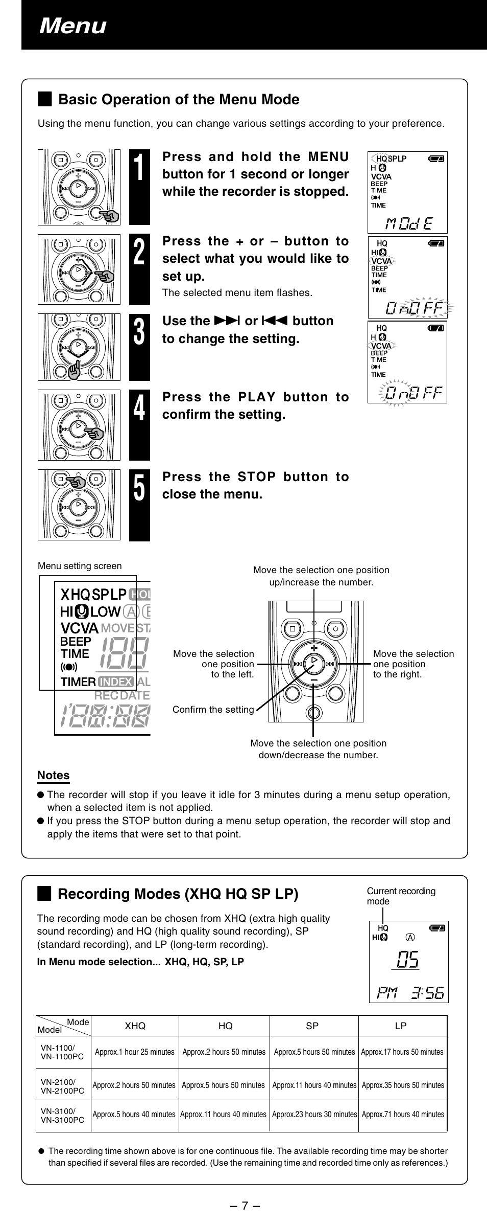 Menu, Recording modes (xhq hq sp lp), Basic operation of the menu mode | Olympus VN-2100 User Manual | Page 7 / 10