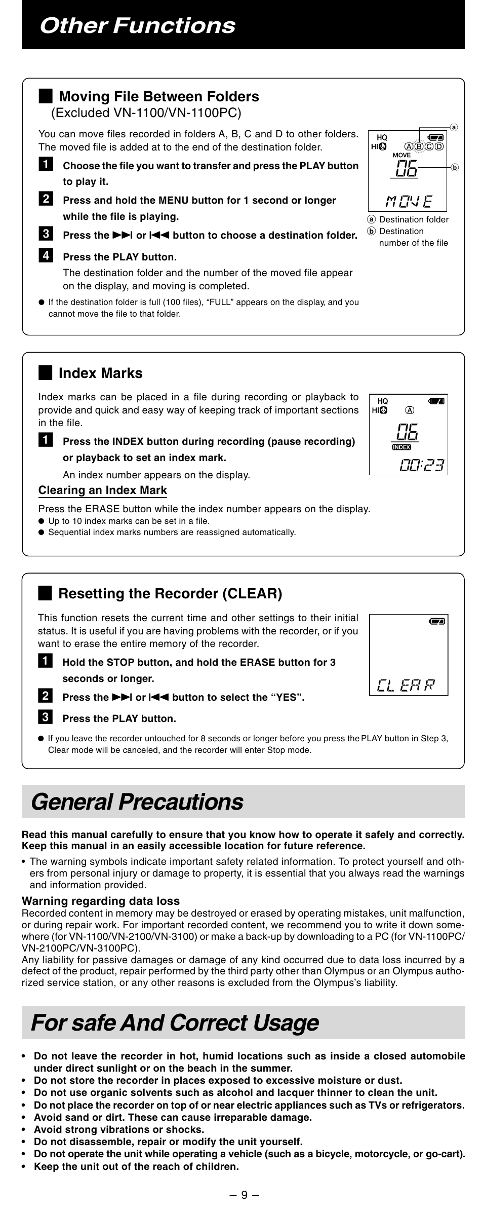 General precautions, For safe and correct usage, Other functions | Index marks, Moving file between folders, Resetting the recorder (clear) | Olympus VN-2100 User Manual | Page 9 / 10