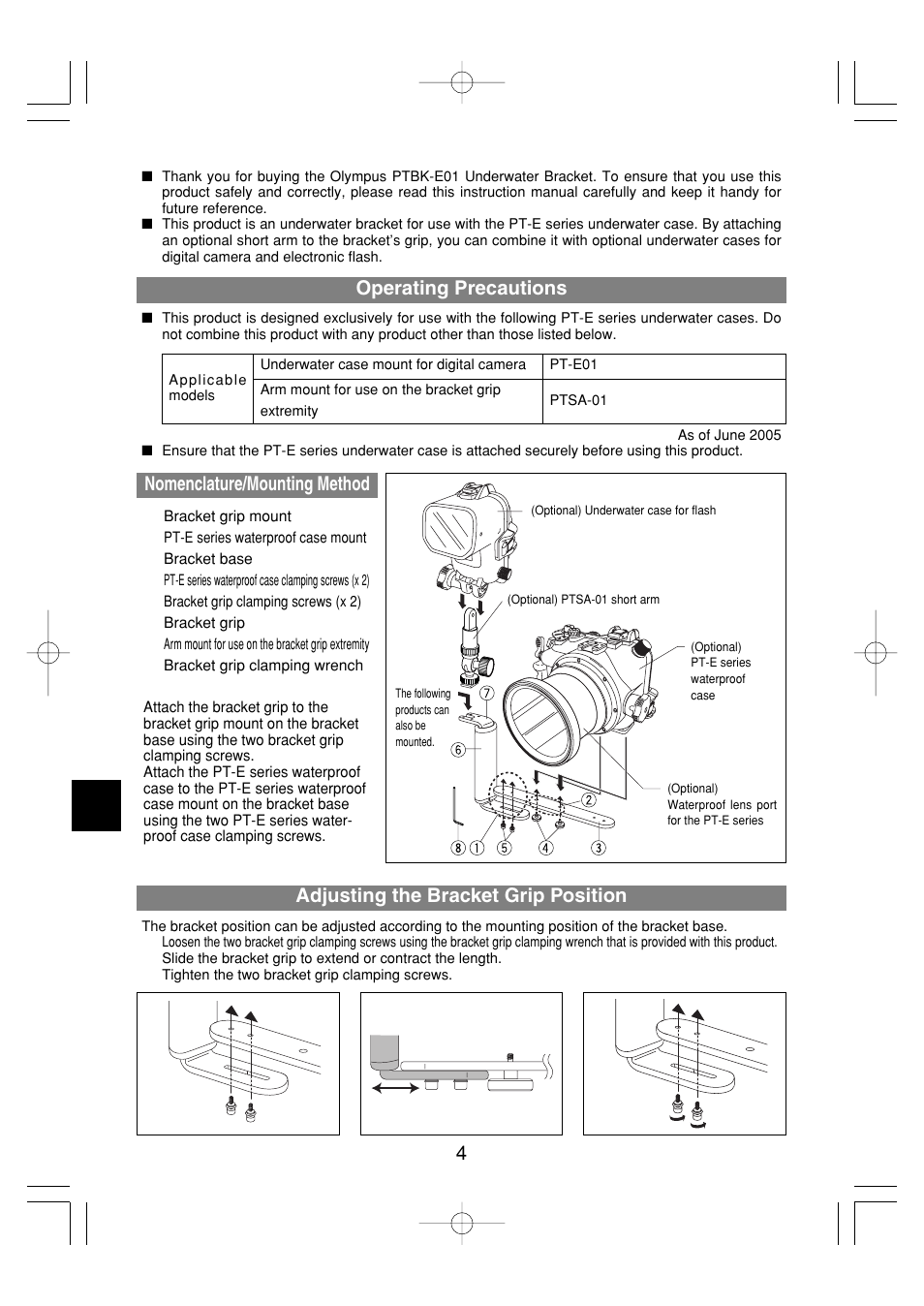 Operating precautions, Nomenclature/mounting method, Adjusting the bracket grip position | Olympus PTBK-E01 User Manual | Page 4 / 16