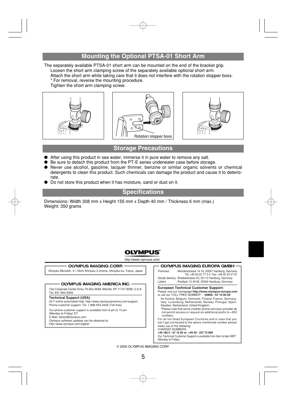 5mounting the optional ptsa-01 short arm, Storage precautions, Specifications | Olympus PTBK-E01 User Manual | Page 5 / 16