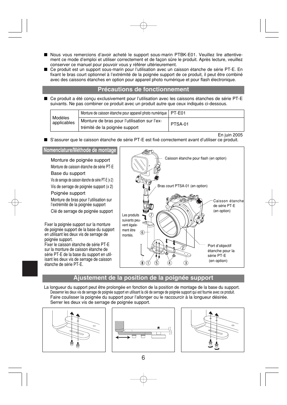 Précautions de fonctionnement, Nomenclature/méthode de montage, Ajustement de la position de la poignée support | Olympus PTBK-E01 User Manual | Page 6 / 16