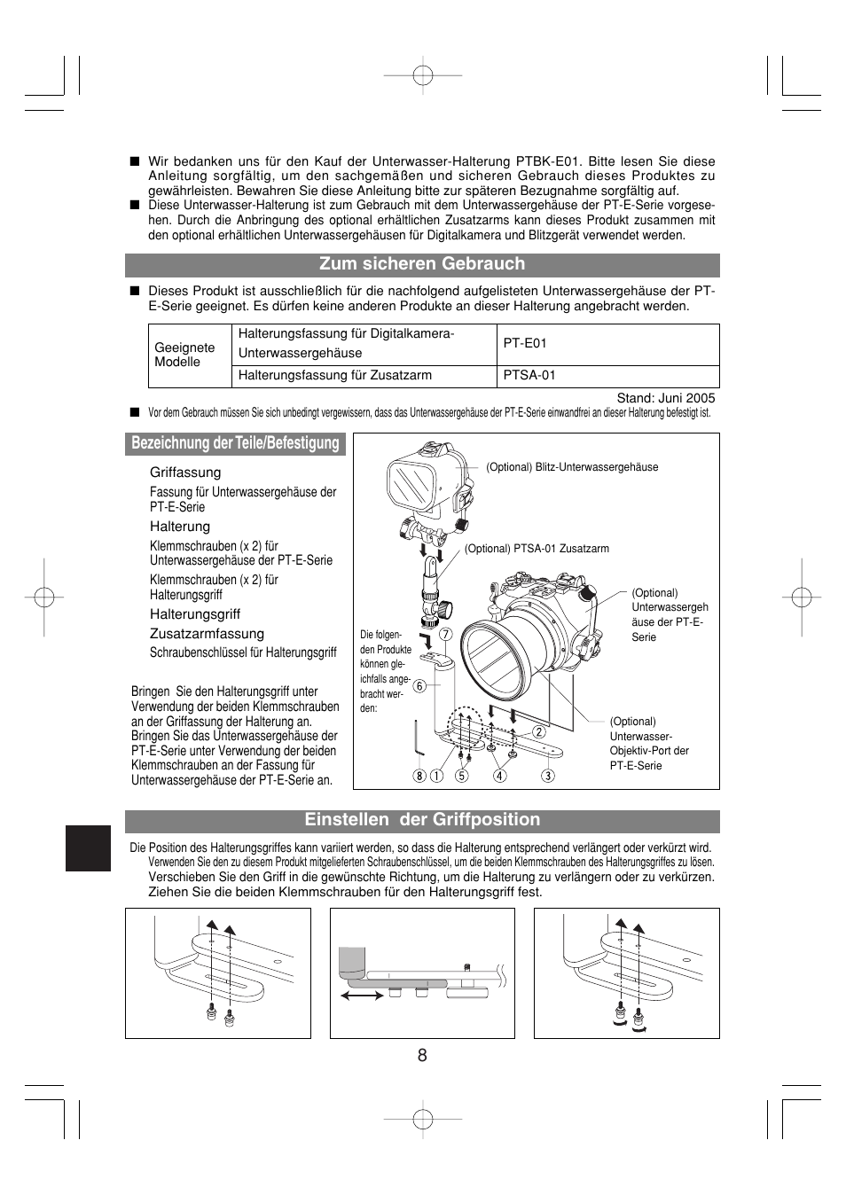 Zum sicheren gebrauch, Bezeichnung der teile/befestigung, Einstellen der griffposition | Olympus PTBK-E01 User Manual | Page 8 / 16