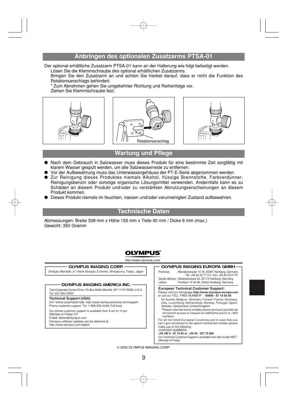 9anbringen des optionalen zusatzarms ptsa-01, Wartung und pflege, Technische daten | Olympus PTBK-E01 User Manual | Page 9 / 16