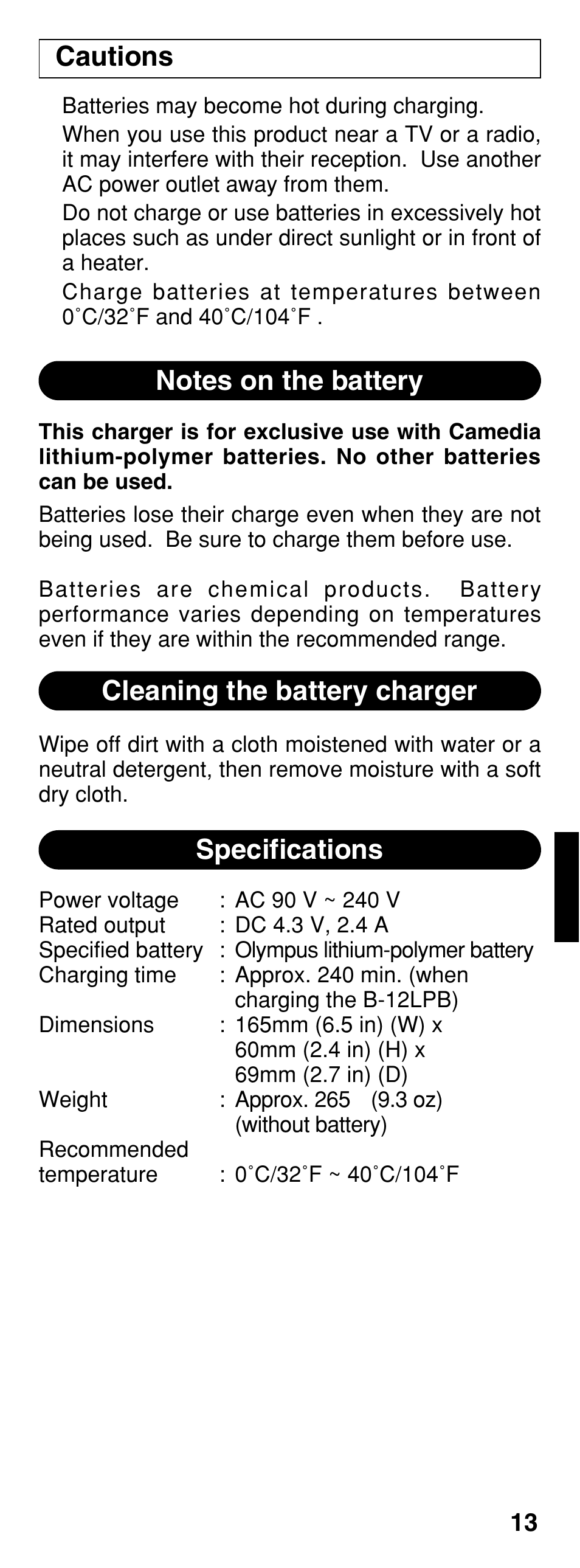 Cleaning the battery charger, Cautions | Olympus B-20 LPC User Manual | Page 13 / 40