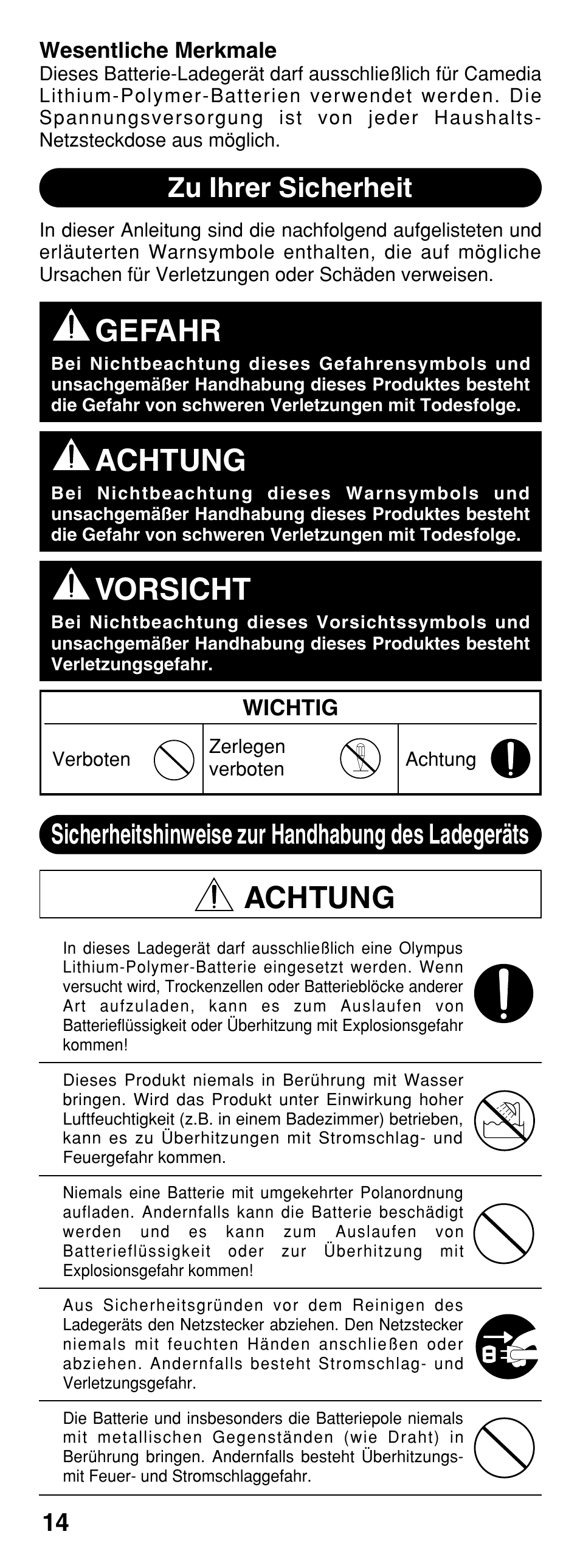 Gefahr, Achtung, Vorsicht | Zu ihrer sicherheit, Sicherheitshinweise zur handhabung des ladegeräts | Olympus B-20 LPC User Manual | Page 14 / 40