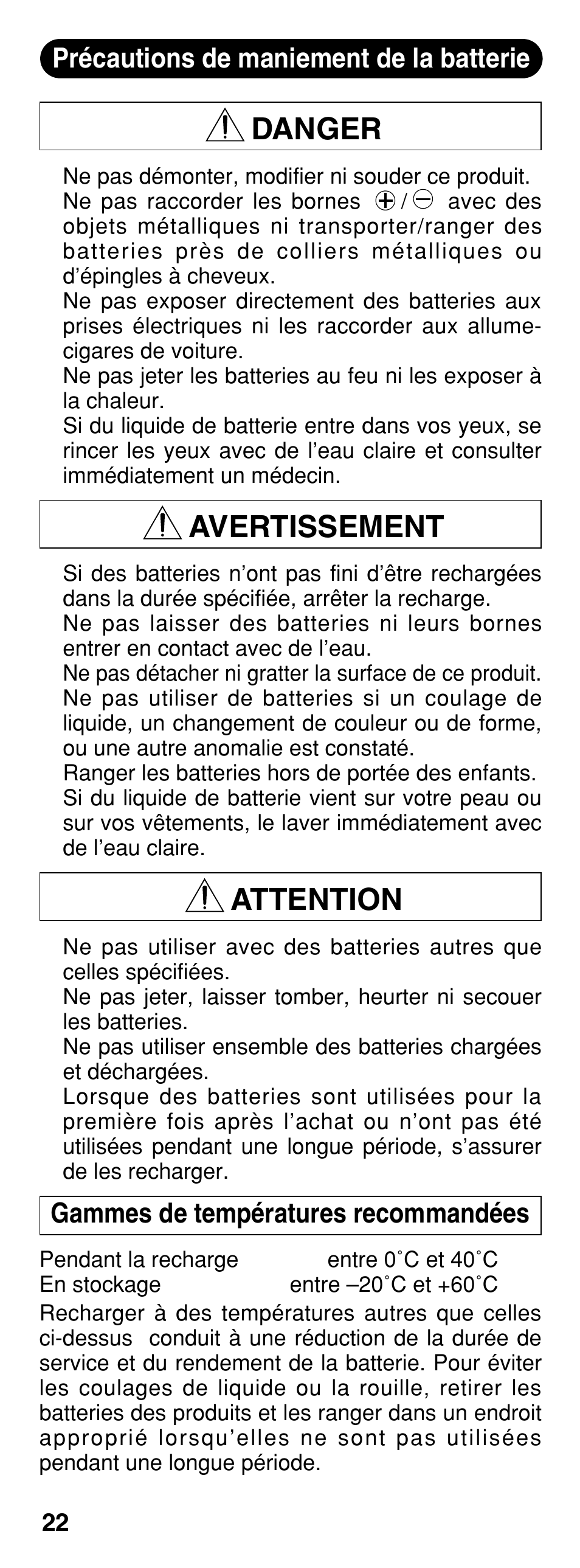 Danger, Avertissement, Attention | Olympus B-20 LPC User Manual | Page 22 / 40