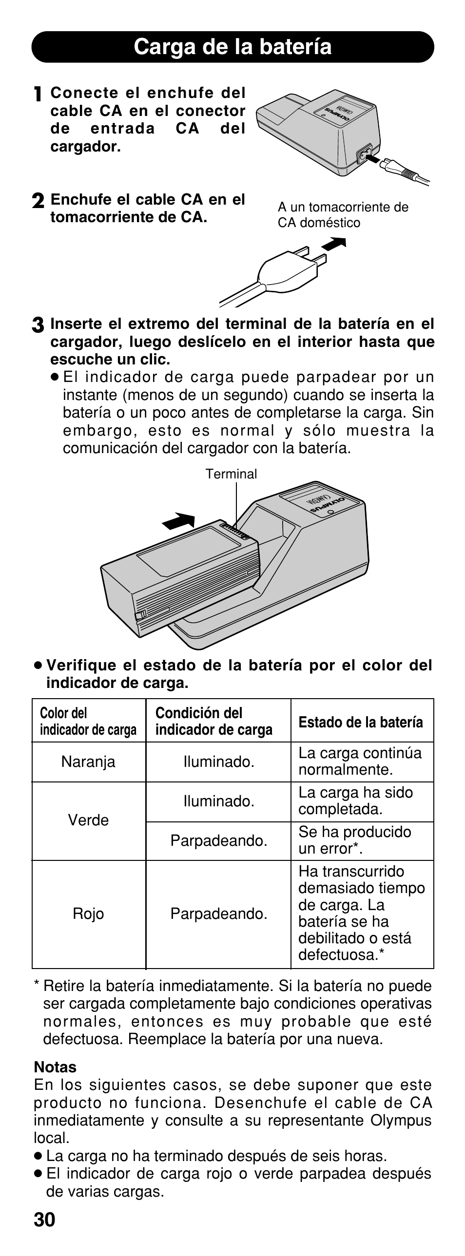 Carga de la batería | Olympus B-20 LPC User Manual | Page 30 / 40