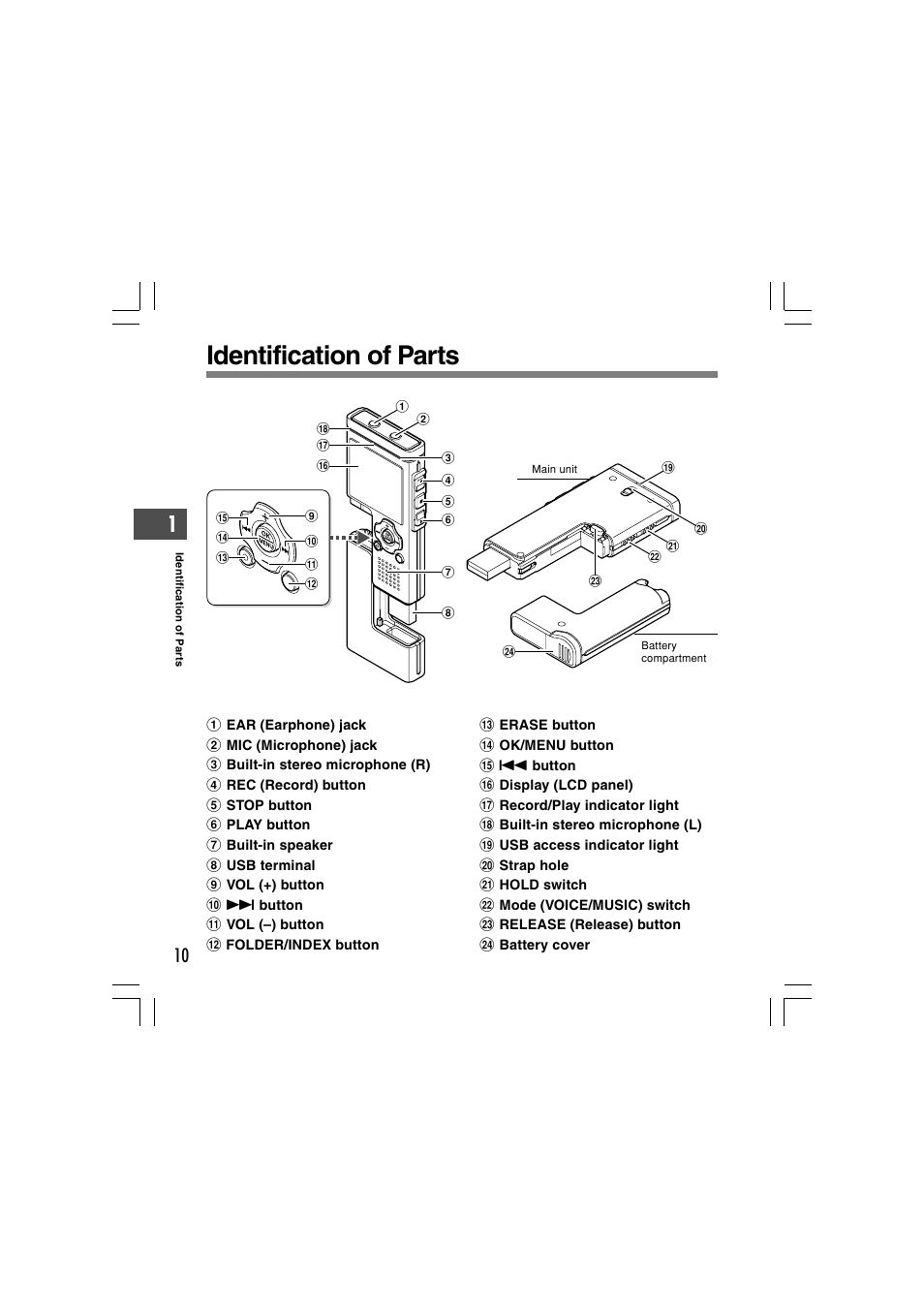 Identification of parts | Olympus WS-331M User Manual | Page 10 / 102