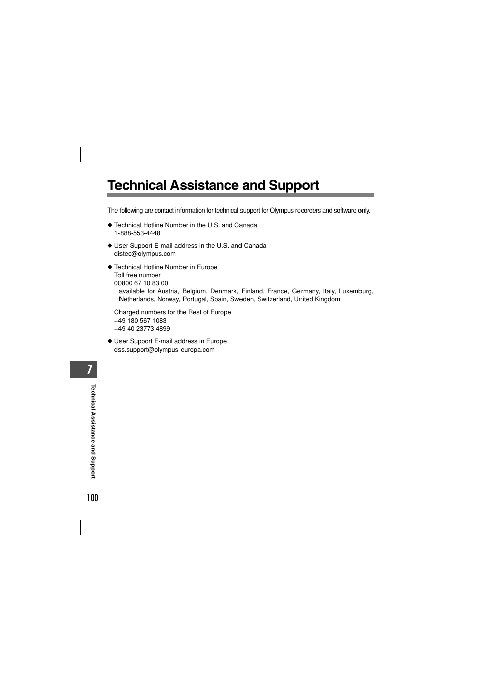 Technical assistance and support | Olympus WS-331M User Manual | Page 100 / 102