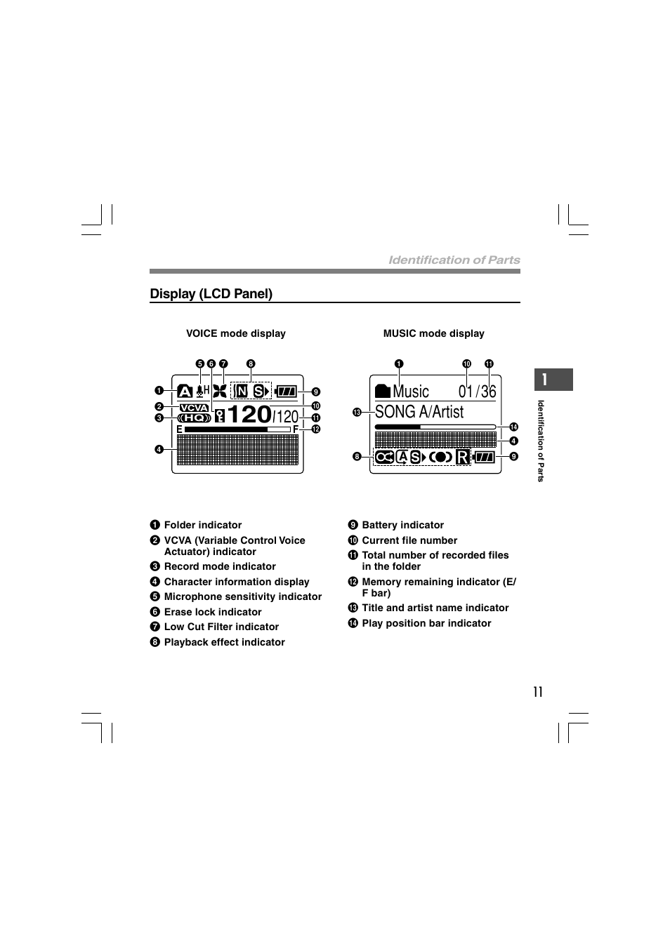 0music 1 /36 song a/artist, Display (lcd panel) | Olympus WS-331M User Manual | Page 11 / 102