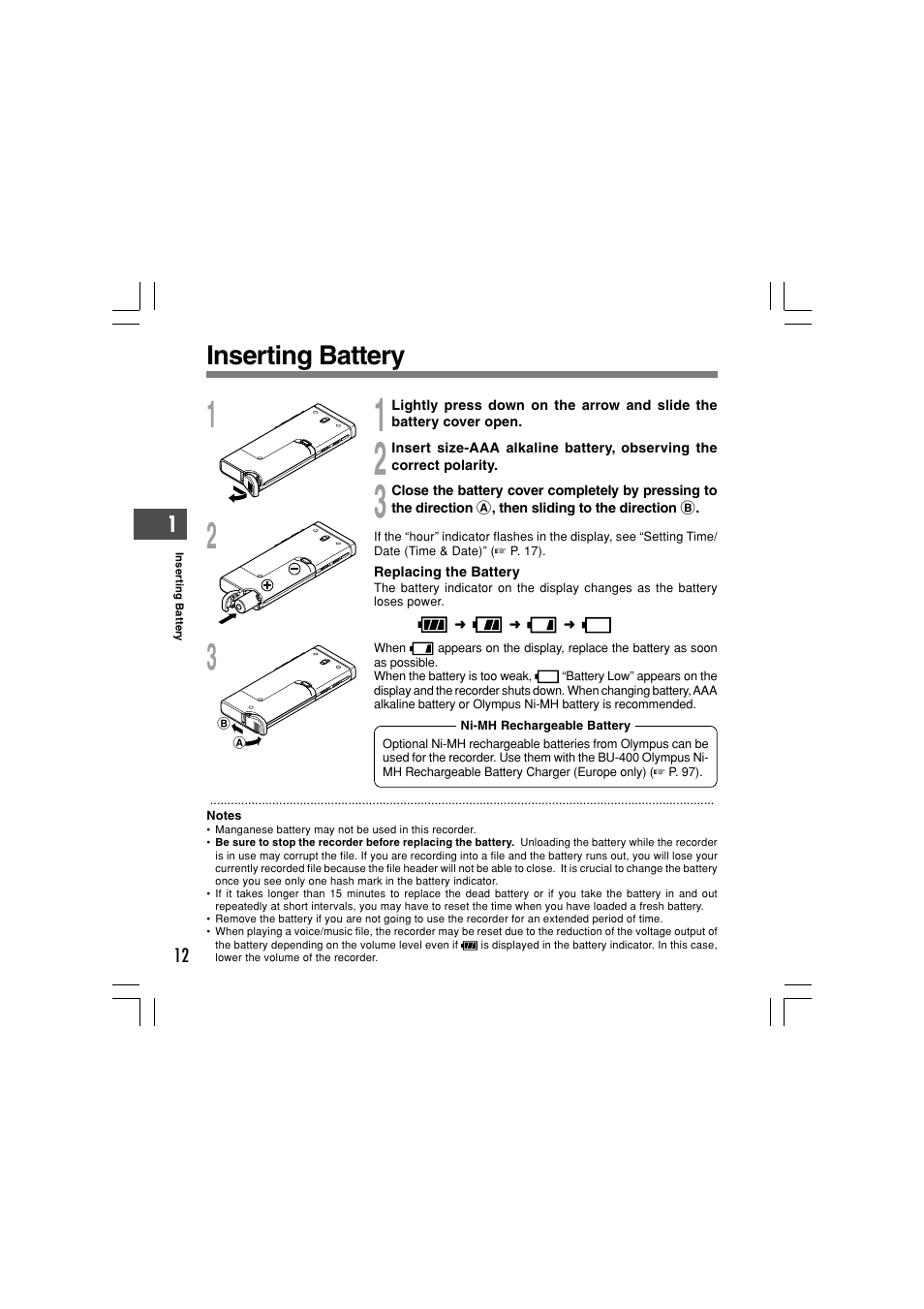 Inserting battery | Olympus WS-331M User Manual | Page 12 / 102