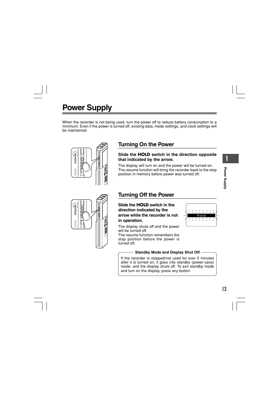 Power supply, Turning on the power, Turning off the power | Olympus WS-331M User Manual | Page 13 / 102