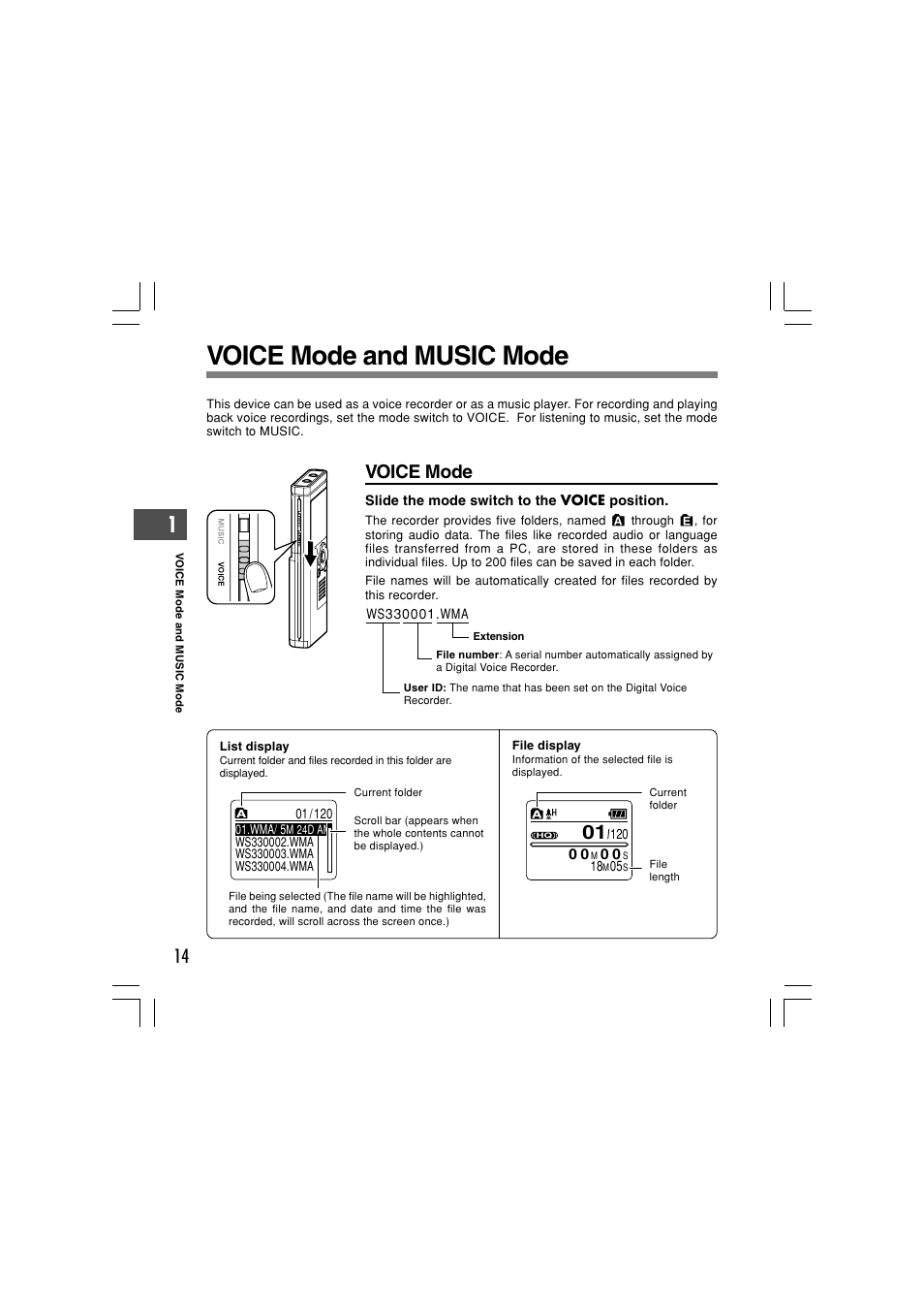 Voice mode and music mode, Voice mode | Olympus WS-331M User Manual | Page 14 / 102