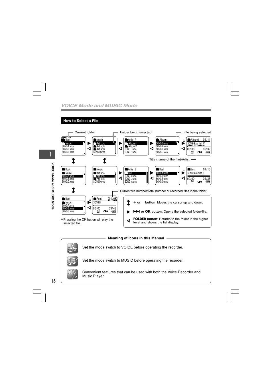 Voice mode and music mode | Olympus WS-331M User Manual | Page 16 / 102