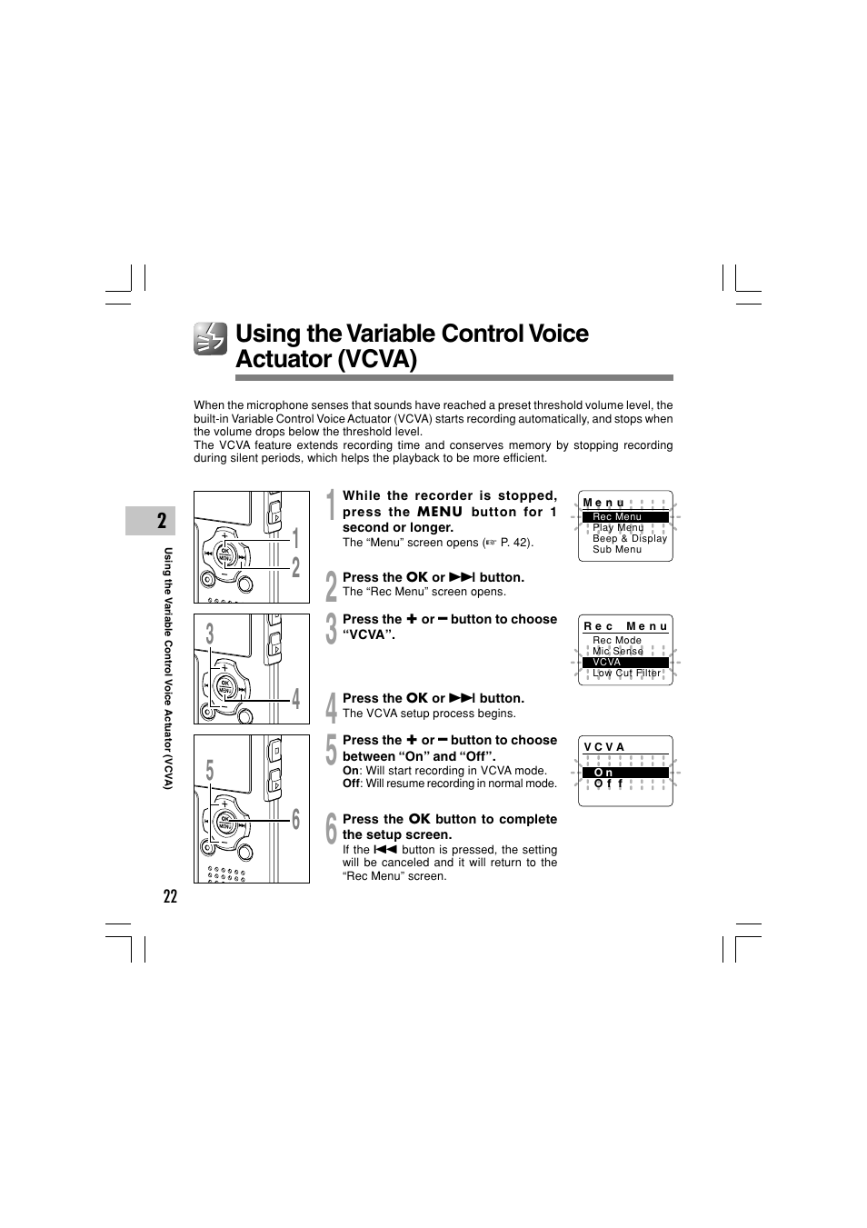 Using the variable control voice actuator (vcva) | Olympus WS-331M User Manual | Page 22 / 102