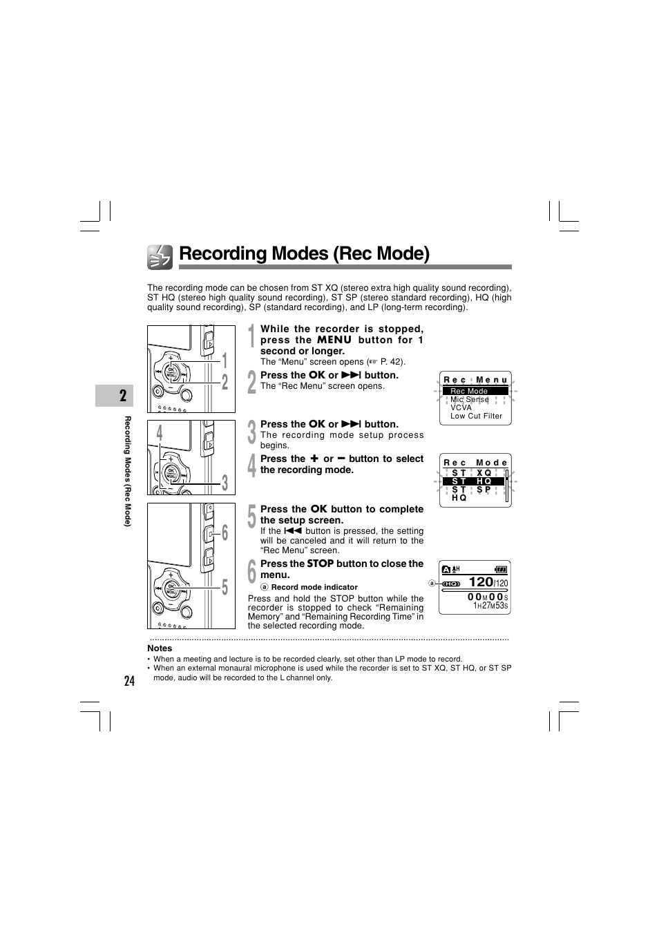 Recording modes (rec mode) | Olympus WS-331M User Manual | Page 24 / 102