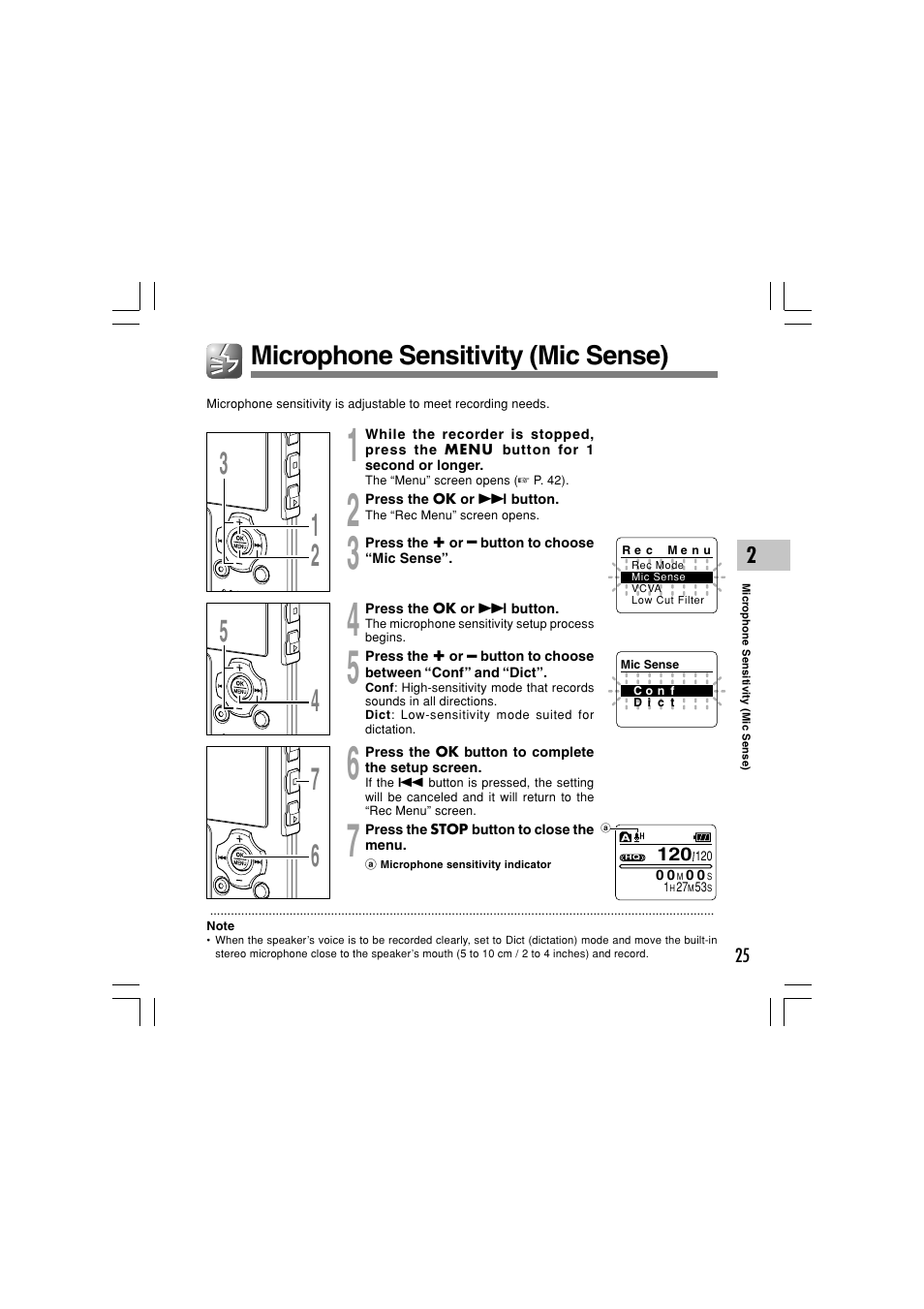 Microphone sensitivity (mic sense) | Olympus WS-331M User Manual | Page 25 / 102