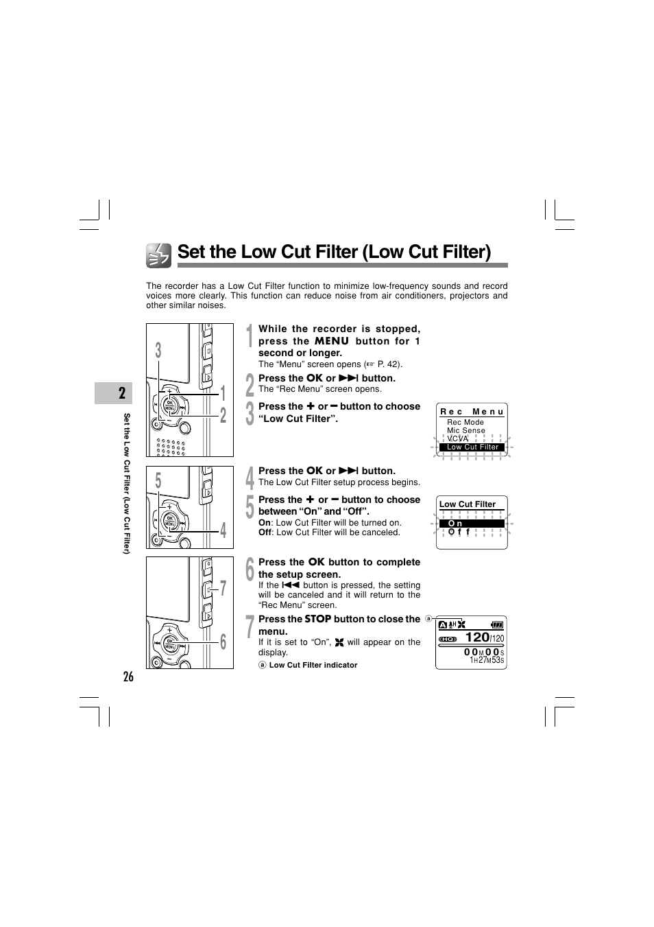 Set the low cut filter (low cut filter) | Olympus WS-331M User Manual | Page 26 / 102