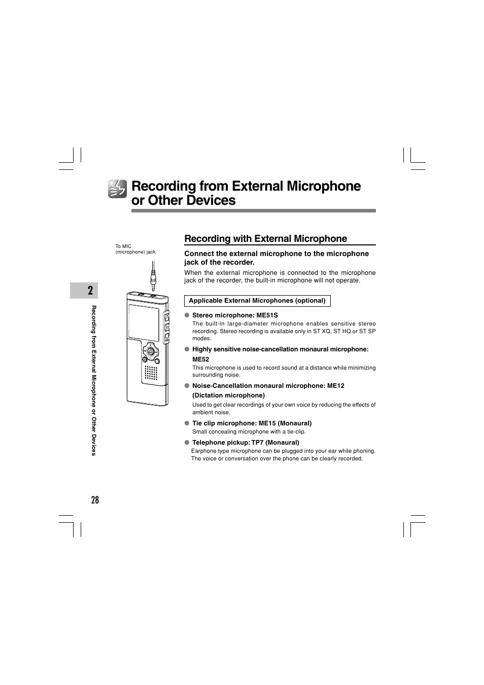 Recording with external microphone | Olympus WS-331M User Manual | Page 28 / 102