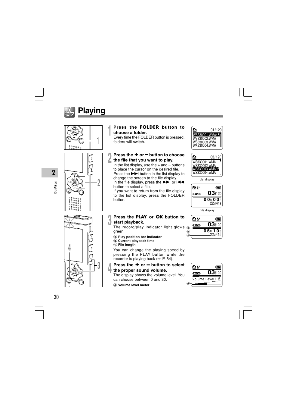 Playing | Olympus WS-331M User Manual | Page 30 / 102