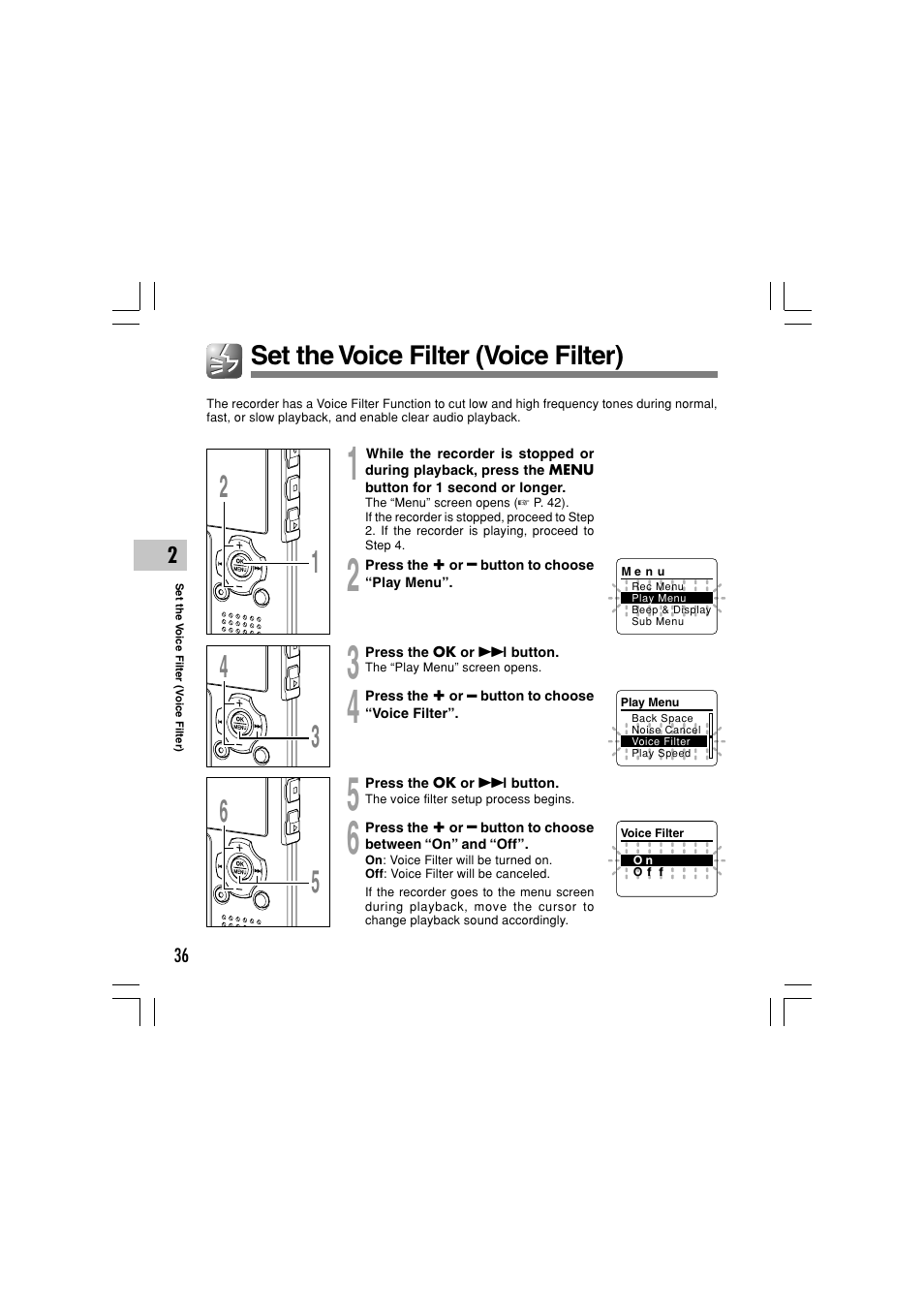 Set the voice filter (voice filter) | Olympus WS-331M User Manual | Page 36 / 102