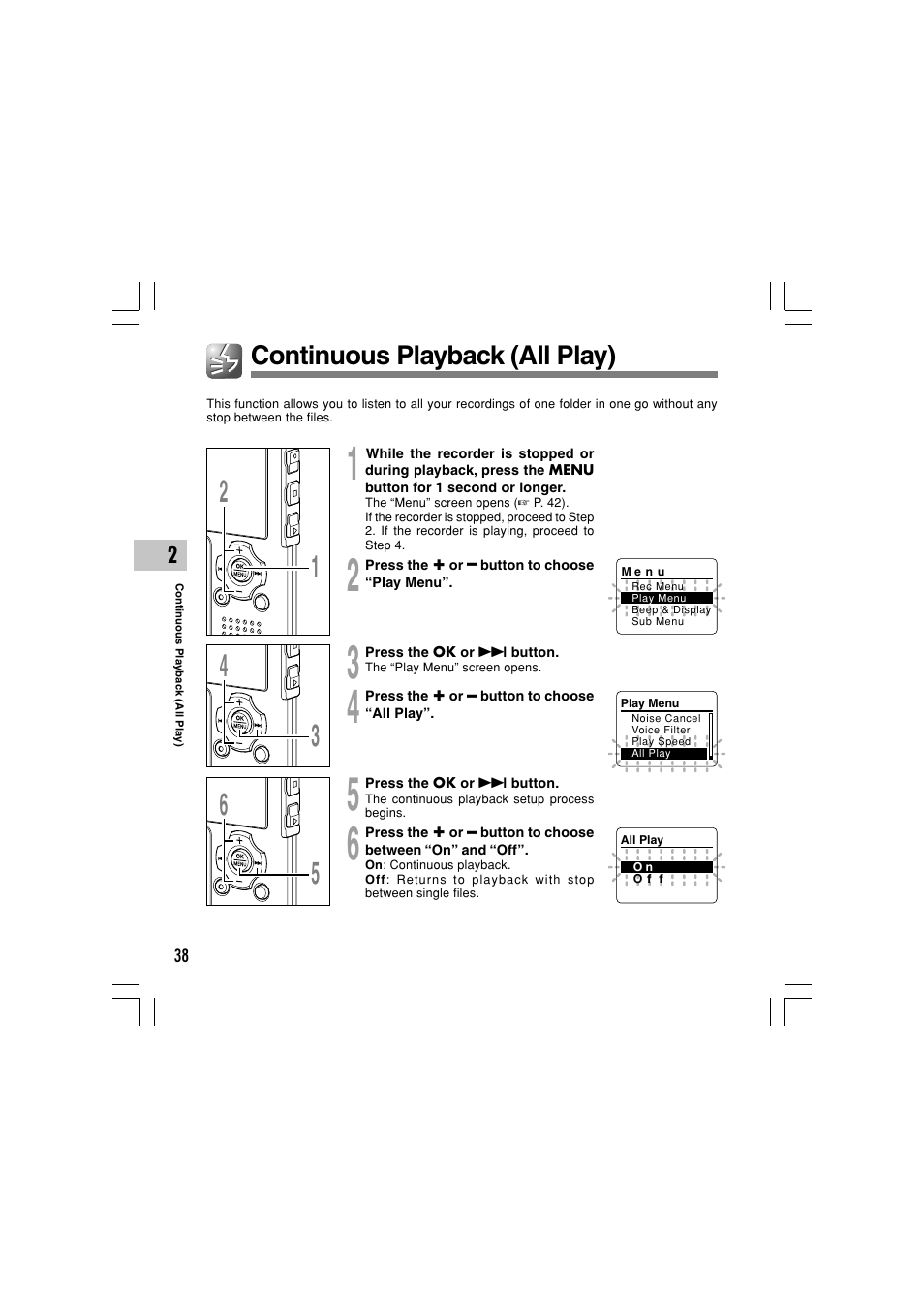 Continuous playback (all play) | Olympus WS-331M User Manual | Page 38 / 102