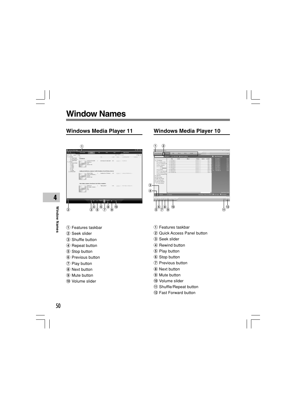 Window names, Windows media player 11 windows media player 10 | Olympus WS-331M User Manual | Page 50 / 102