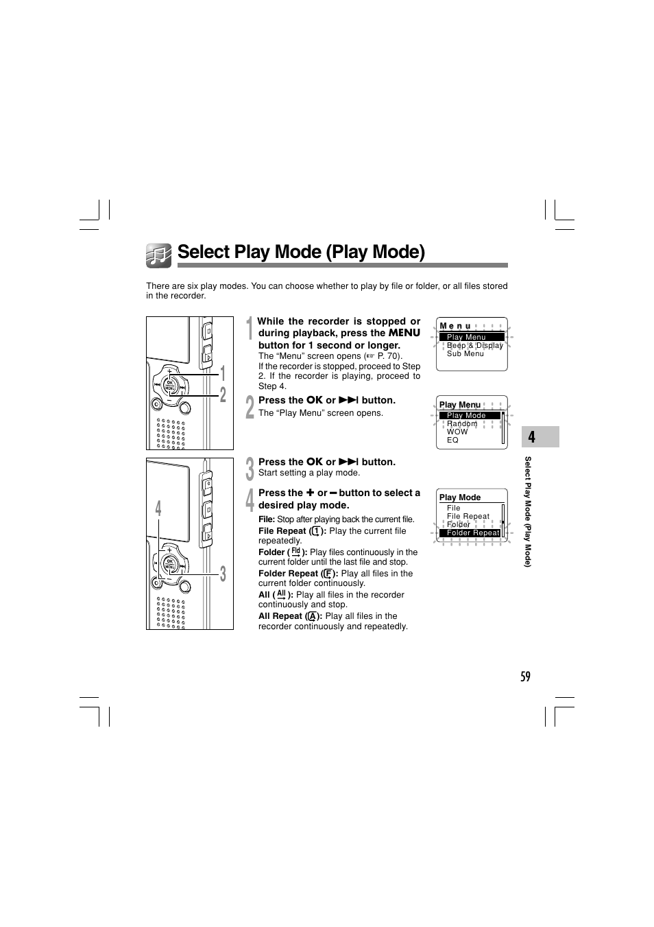 Select play mode (play mode) | Olympus WS-331M User Manual | Page 59 / 102