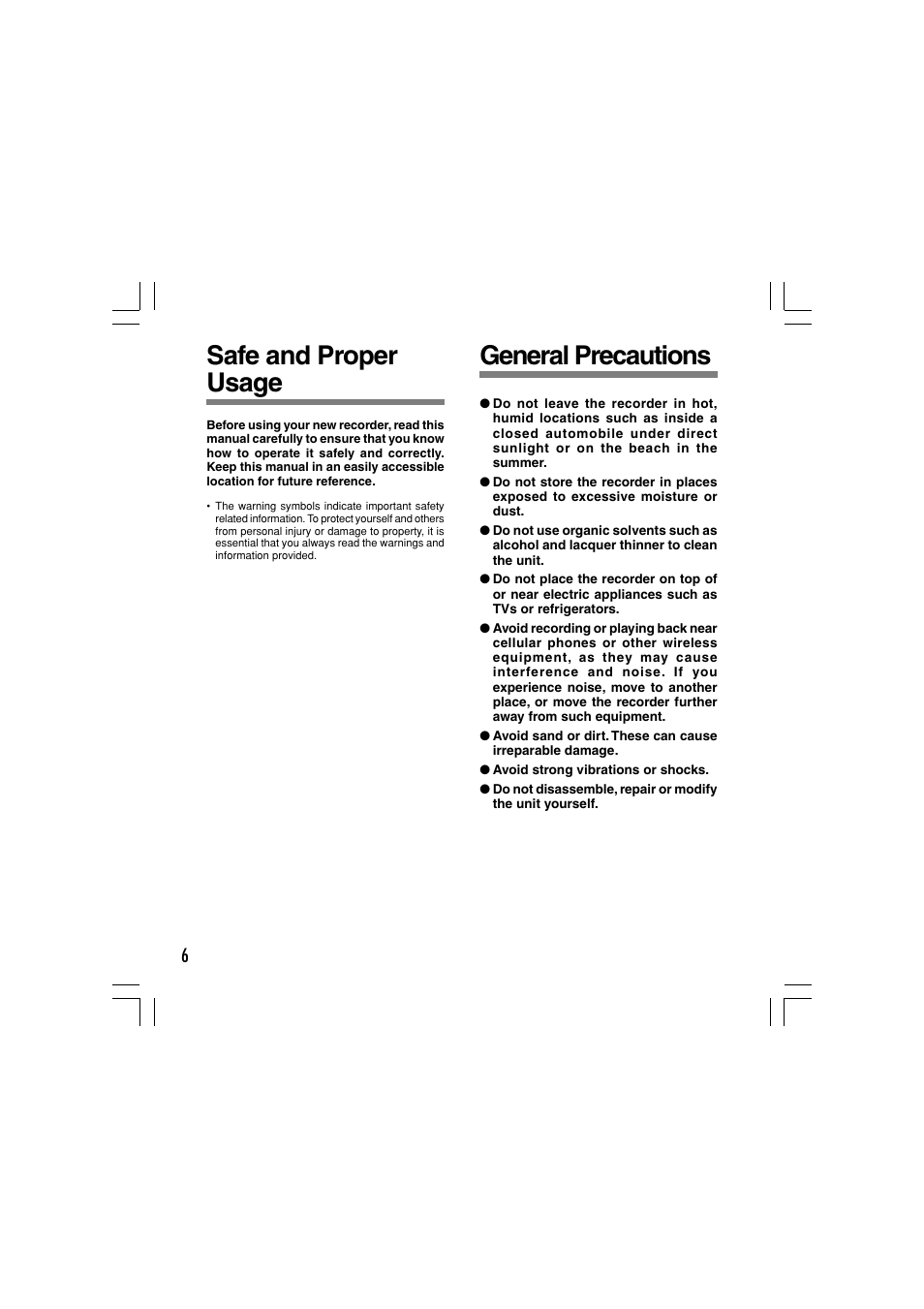 Safe and proper usage, General precautions | Olympus WS-331M User Manual | Page 6 / 102