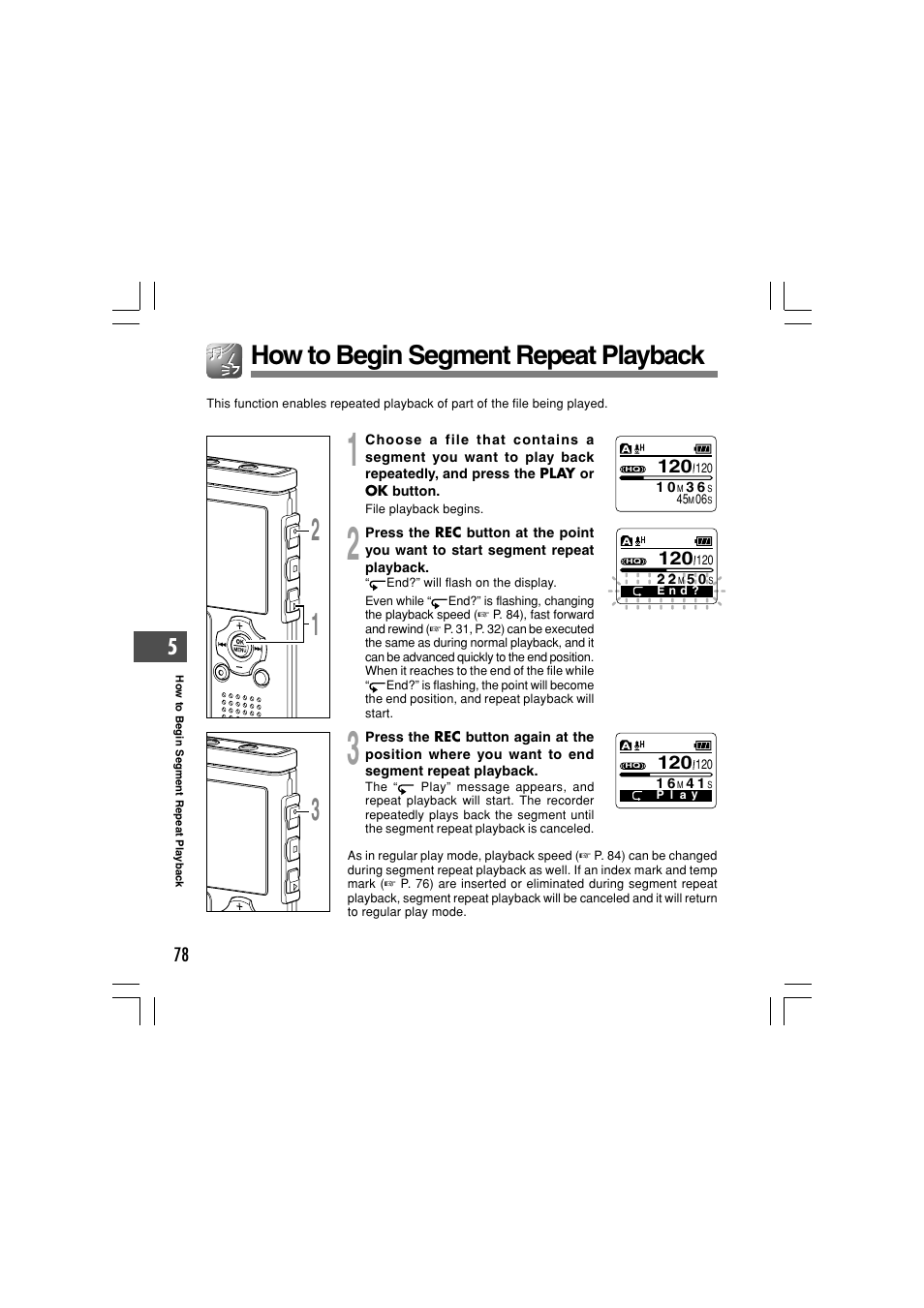 How to begin segment repeat playback | Olympus WS-331M User Manual | Page 78 / 102