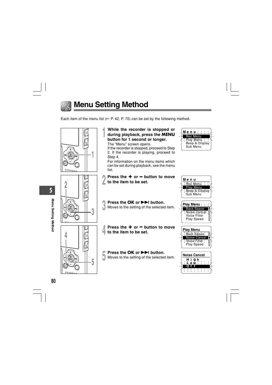 Menu setting method | Olympus WS-331M User Manual | Page 80 / 102