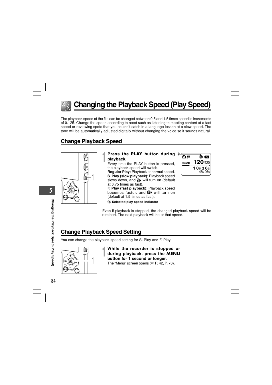 Changing the playback speed (play speed) | Olympus WS-331M User Manual | Page 84 / 102