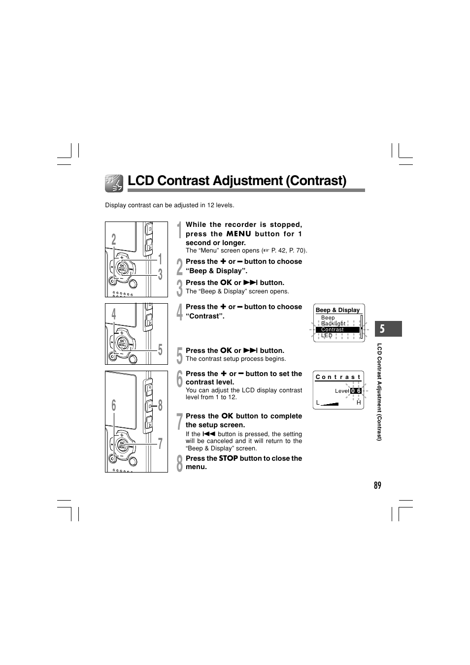 Lcd contrast adjustment (contrast) | Olympus WS-331M User Manual | Page 89 / 102