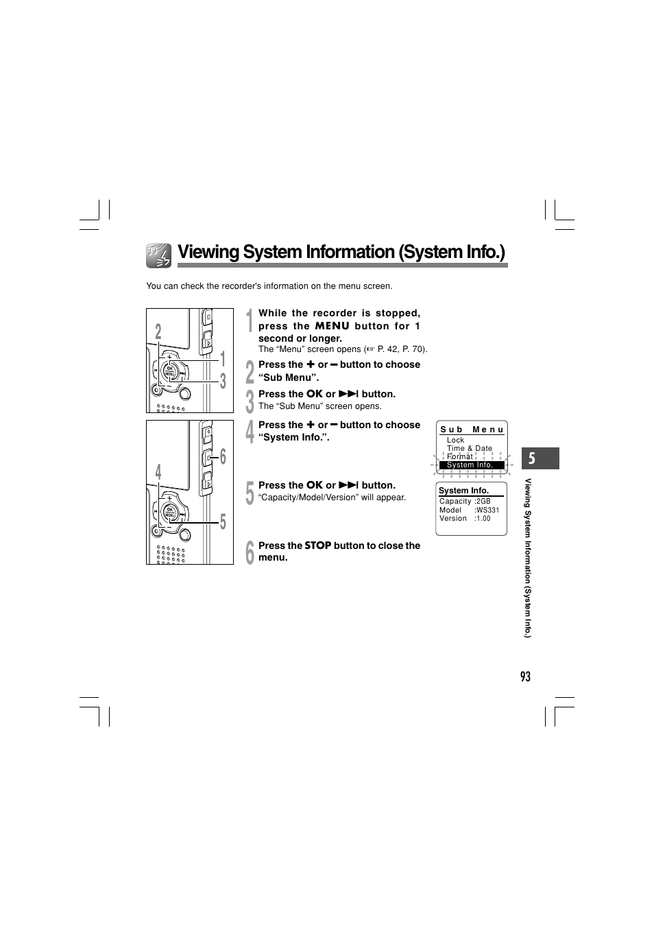 Viewing system information (system info.) | Olympus WS-331M User Manual | Page 93 / 102