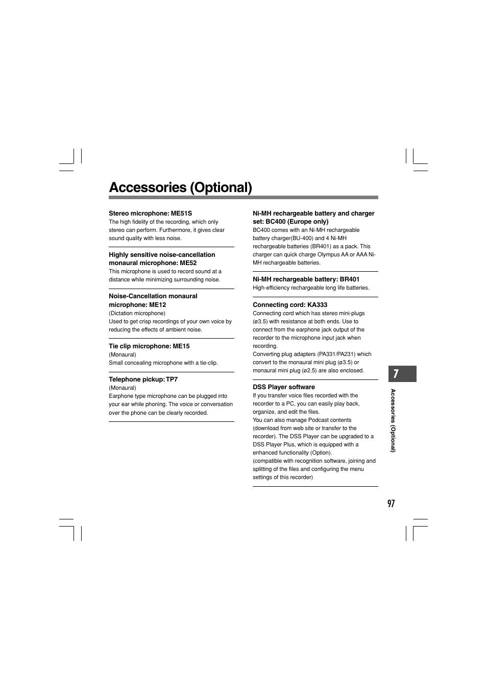 Accessories (optional) | Olympus WS-331M User Manual | Page 97 / 102