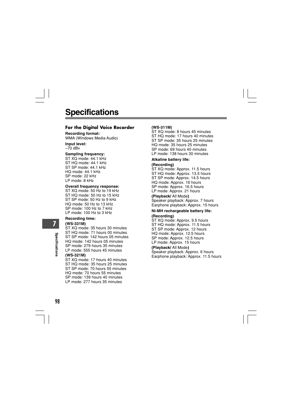 Specifications | Olympus WS-331M User Manual | Page 98 / 102