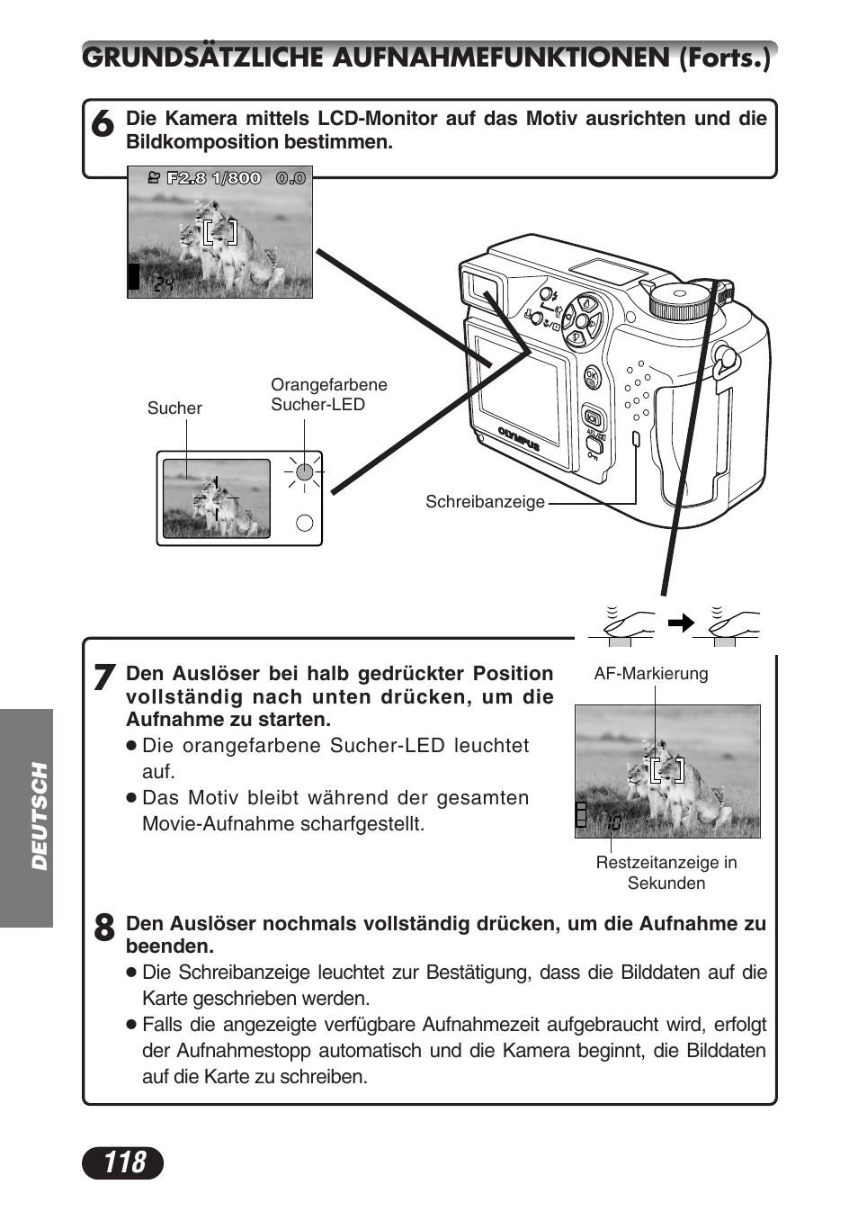 Grundsätzliche aufnahmefunktionen (forts.) | Olympus CAMEDIA C-3020 Zoom User Manual | Page 118 / 180