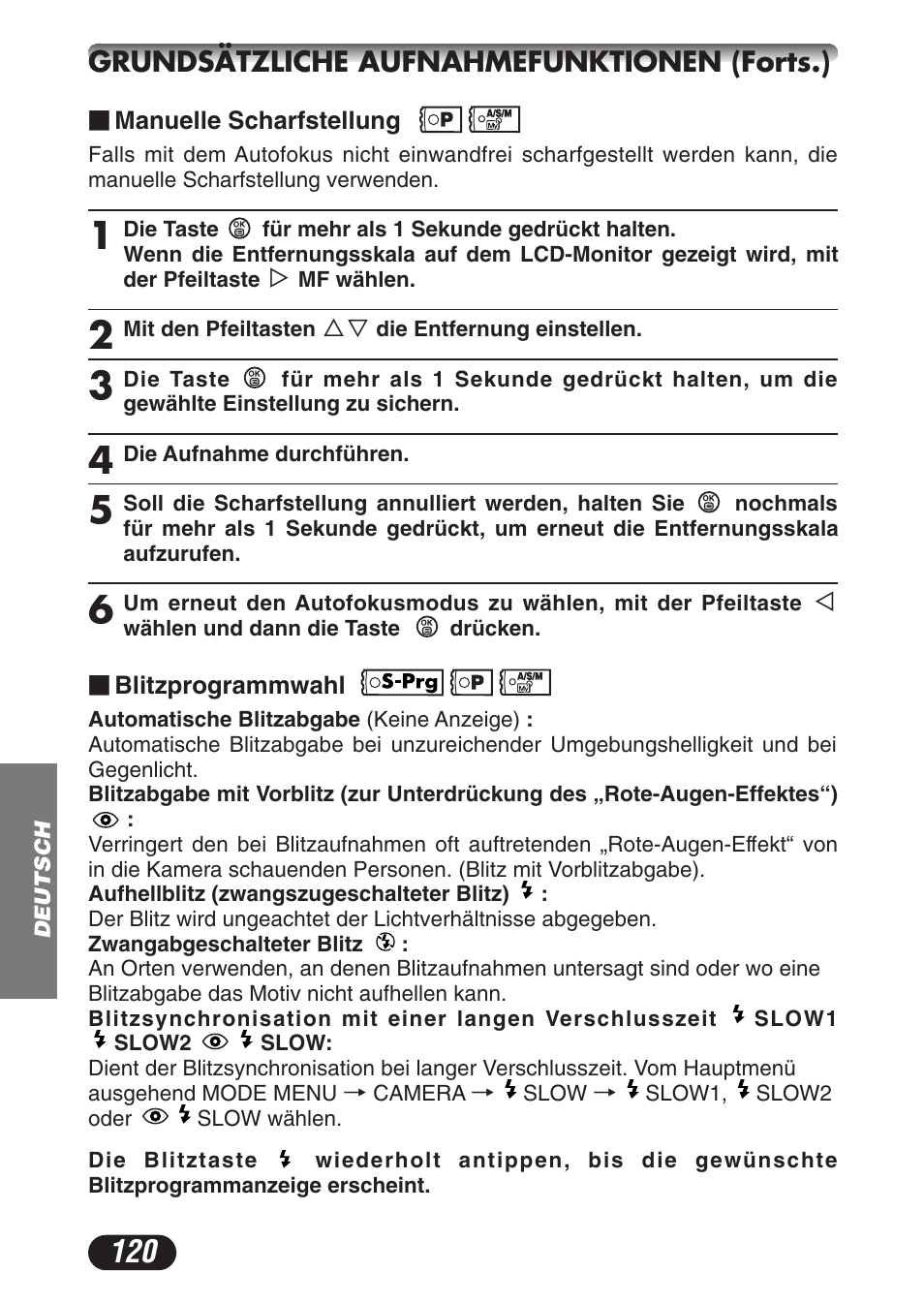 Grundsätzliche aufnahmefunktionen (forts.) | Olympus CAMEDIA C-3020 Zoom User Manual | Page 120 / 180