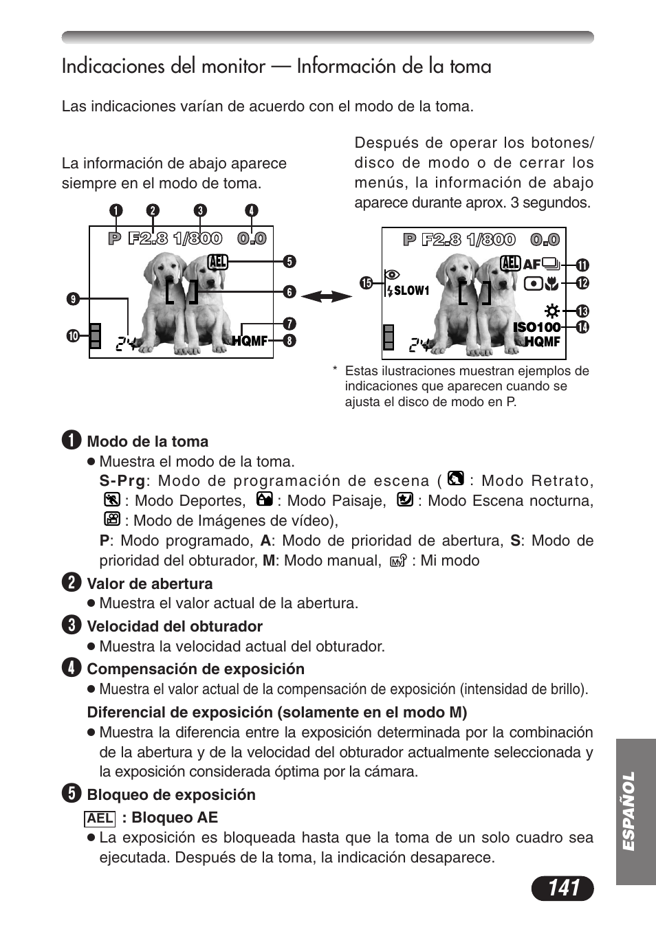 Indicaciones del monitor — información de la toma | Olympus CAMEDIA C-3020 Zoom User Manual | Page 141 / 180