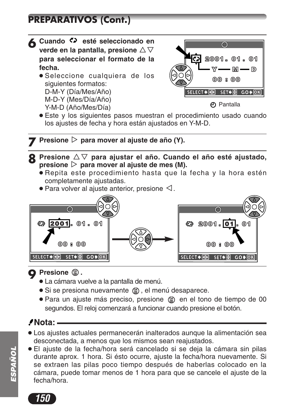 Preparativos (cont.) | Olympus CAMEDIA C-3020 Zoom User Manual | Page 150 / 180
