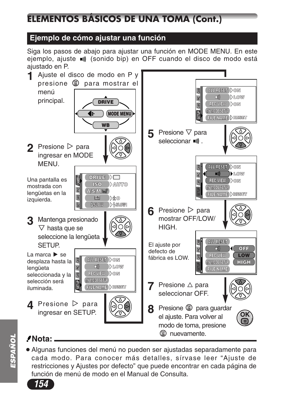 Elementos básicos de una toma (cont.), Ejemplo de cómo ajustar una función, Esp añol | Presione, Para ingresar en mode menu, Mantenga presionado, Hasta que se seleccione la lengüeta setup, Para ingresar en setup, Para seleccionar, Para mostrar off/low/ high | Olympus CAMEDIA C-3020 Zoom User Manual | Page 154 / 180