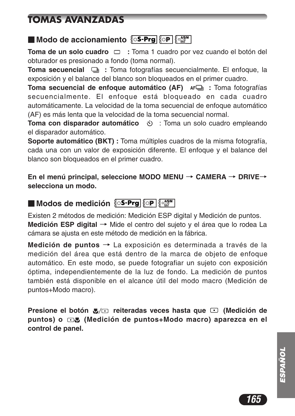 Tomas avanzadas | Olympus CAMEDIA C-3020 Zoom User Manual | Page 165 / 180