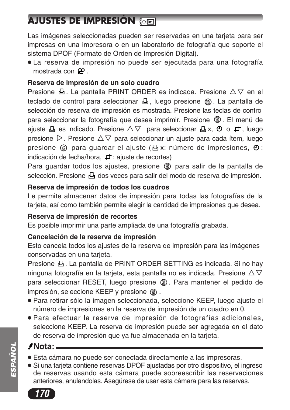 Ajustes de impresión | Olympus CAMEDIA C-3020 Zoom User Manual | Page 170 / 180