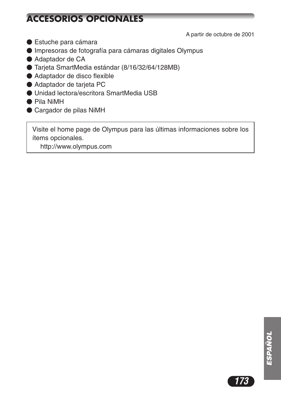 Accesorios opcionales | Olympus CAMEDIA C-3020 Zoom User Manual | Page 173 / 180