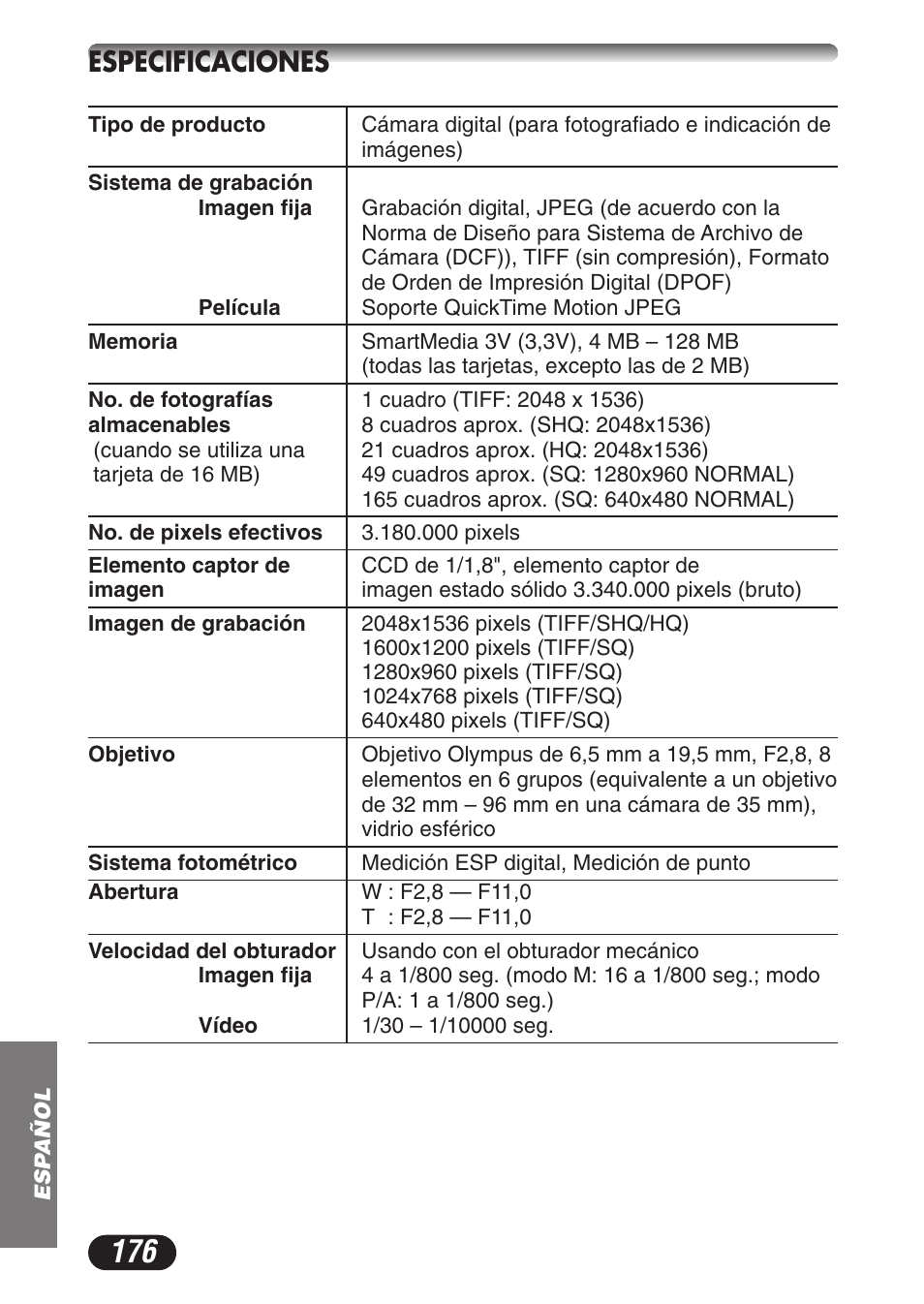 Especificaciones | Olympus CAMEDIA C-3020 Zoom User Manual | Page 176 / 180